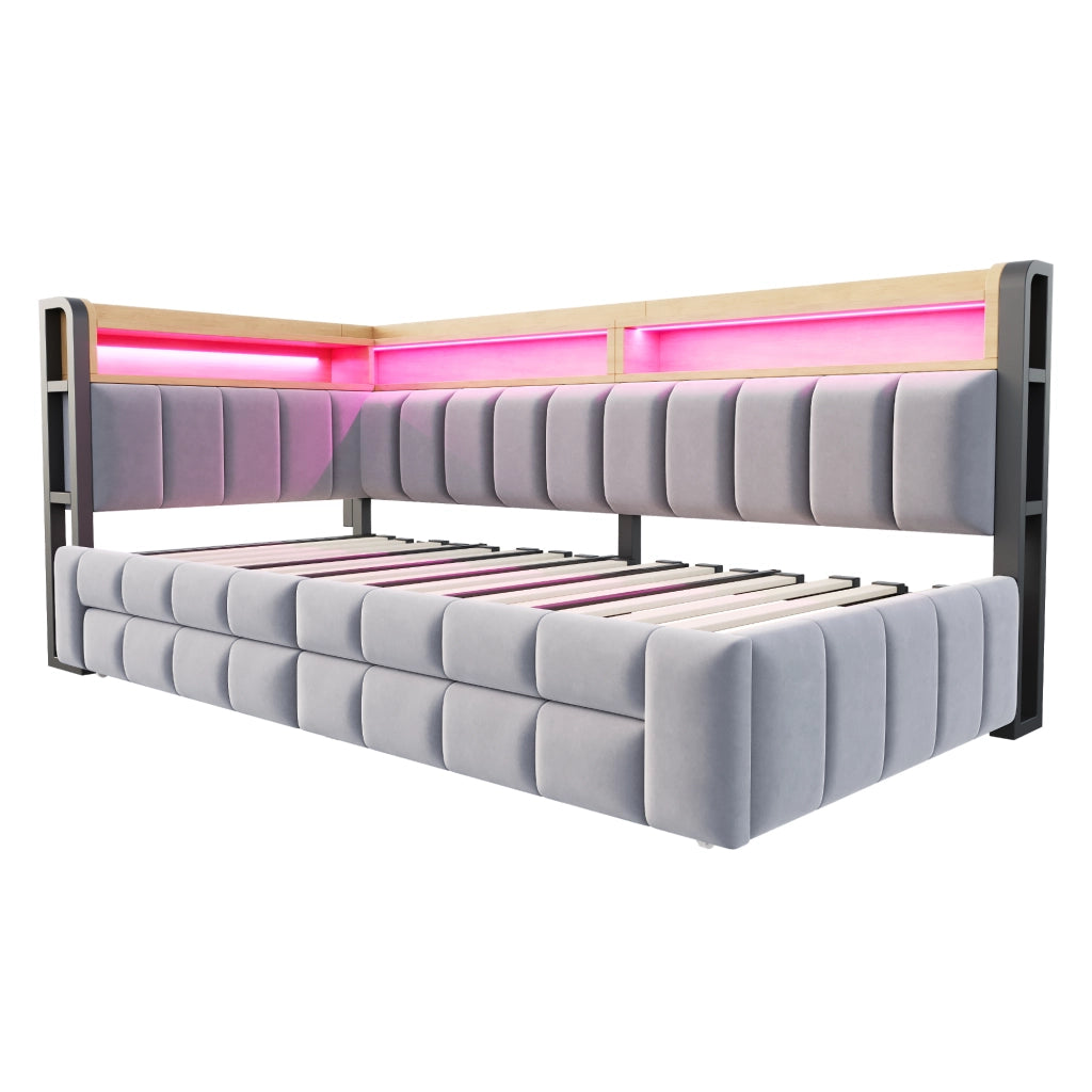 Letto Divano singolo con 2 cassetti; ripiani; LED regolabile; USB e Type-C; 90 × 200 cm; senza materasso