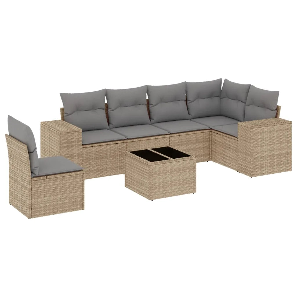 Set Divani da Giardino 7 pz con Cuscini Beige in Polyrattan