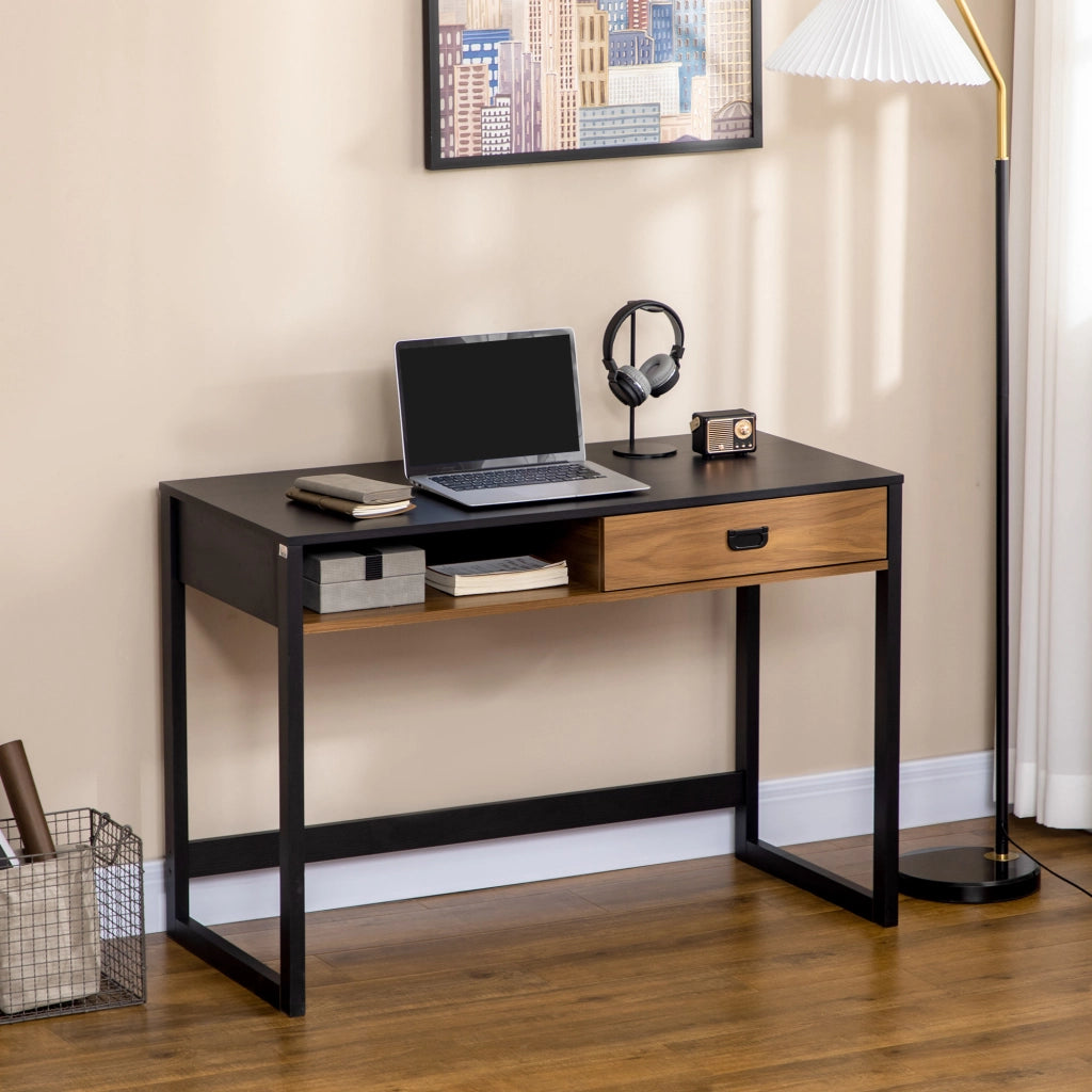 Scrivania per Camera e Ufficio con Cassetto Stile Industriale, 110x50x76cm, Noce e Nero
