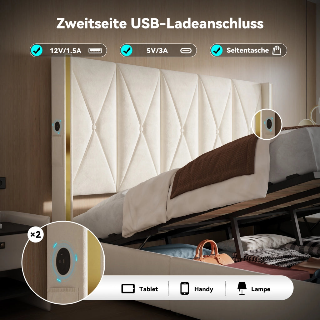 LETTO imbottito 180x200 cm in velluto beige con USB, LED e contenitore