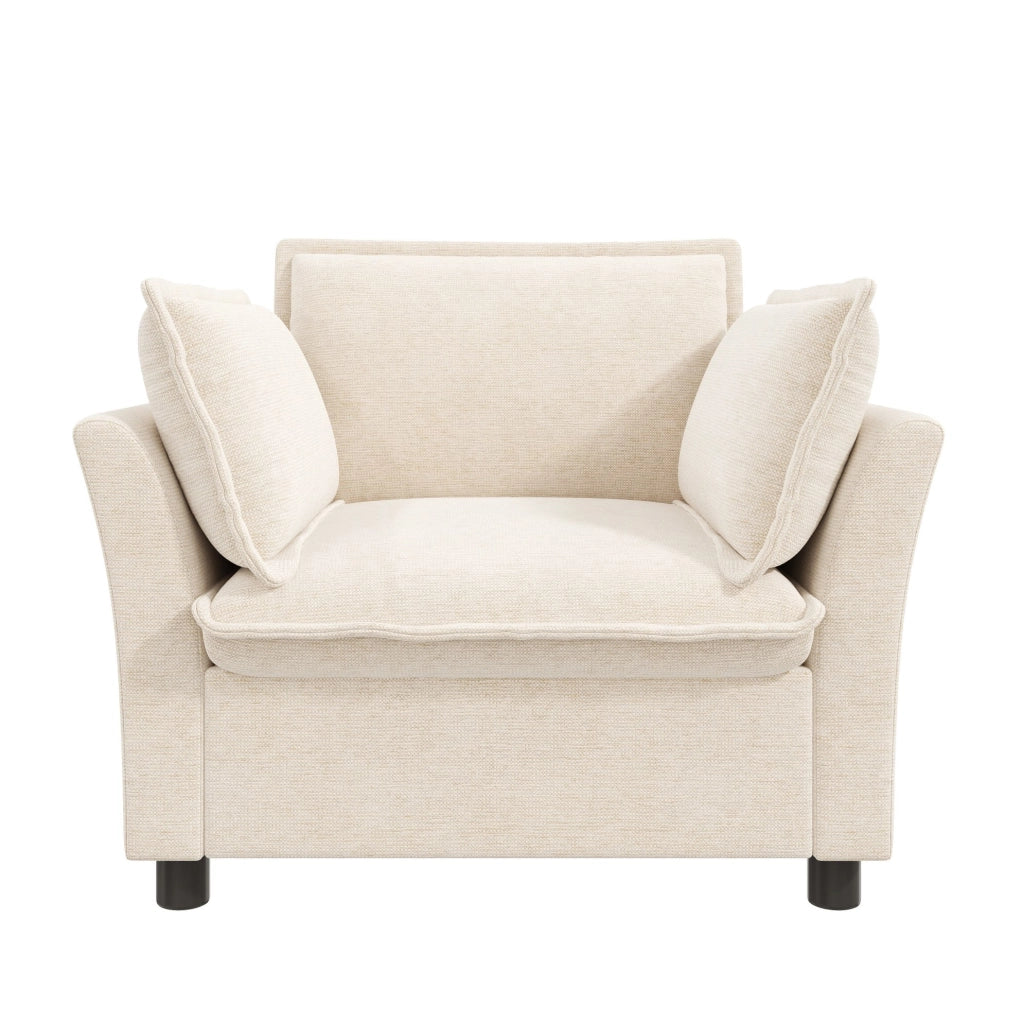 Poltrona singola 90x81x87 cm in chenille beige con braccioli curvi e 2 cuscini