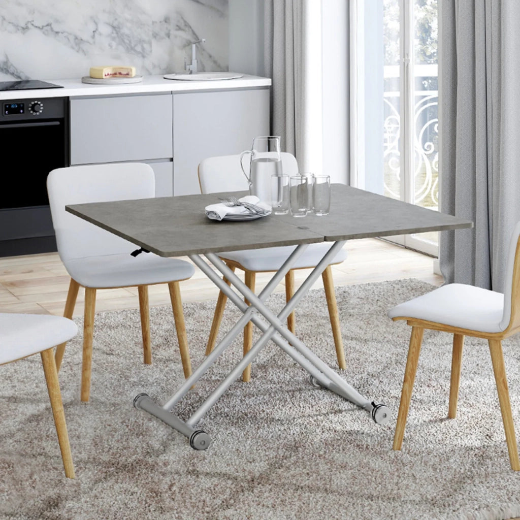 IDMarket - Tavolino 2 in 1 URBANA, trasformabile in tavolo da pranzo rettangolare, 100 cm, effetto cemento, base grigia