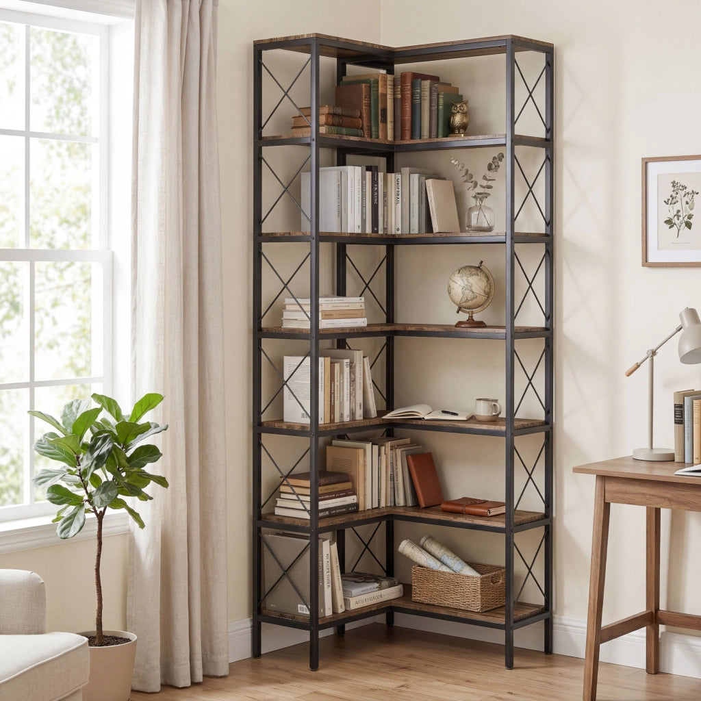 Libreria a L in legno e metallo ¨C Minimal ¨C rustico marrone 60x60x200 cm