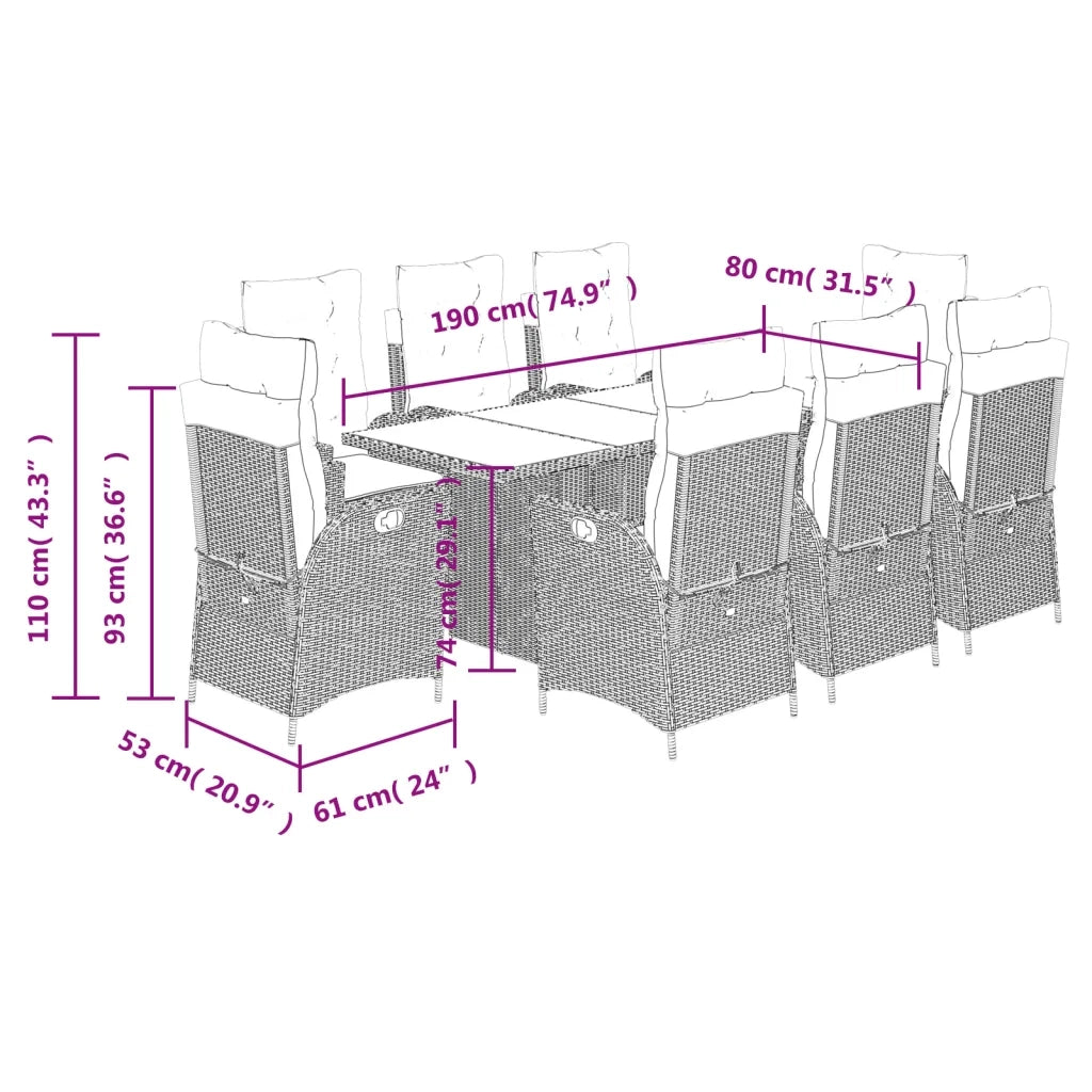 Set Pranzo da Giardino 9pz con Cuscini Grigio Chiaro Polyrattan 3213131
