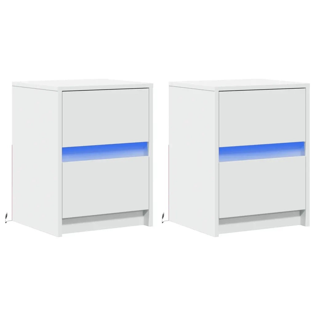 Comodini con Luci LED 2pz Bianchi in Legno Multistrato 852034