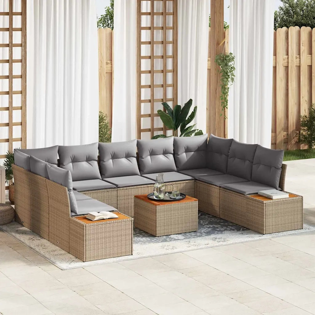 Set Divano da Giardino con cuscino 10 pcs Beige Poly Rattan