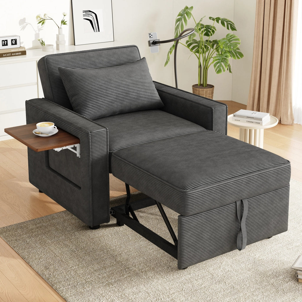 Poltrona Letto Pieghevole 1 Posto ¨C MINIMAL ¨C Tessuto Cord Grigio con Porta USB