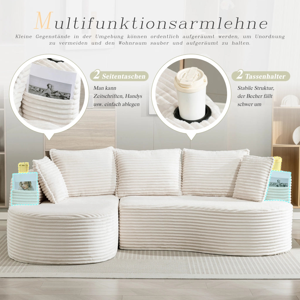 divano curvo con portabicchieri e tasca laterale; velluto beige; 250 Ã— 152 Ã— 82 cm