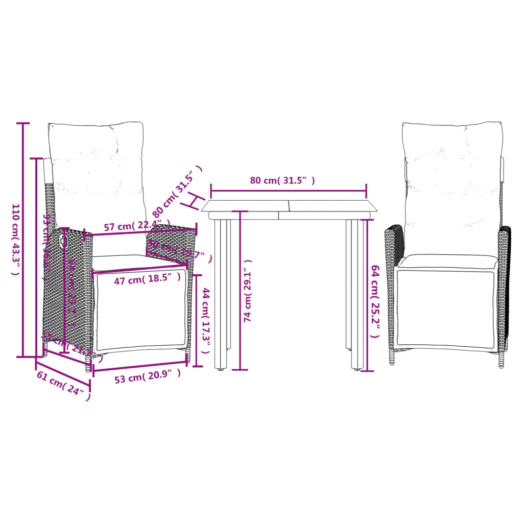 Set da Pranzo da Giardino 3 pz con Cuscini Beige in Polyrattan 3213441