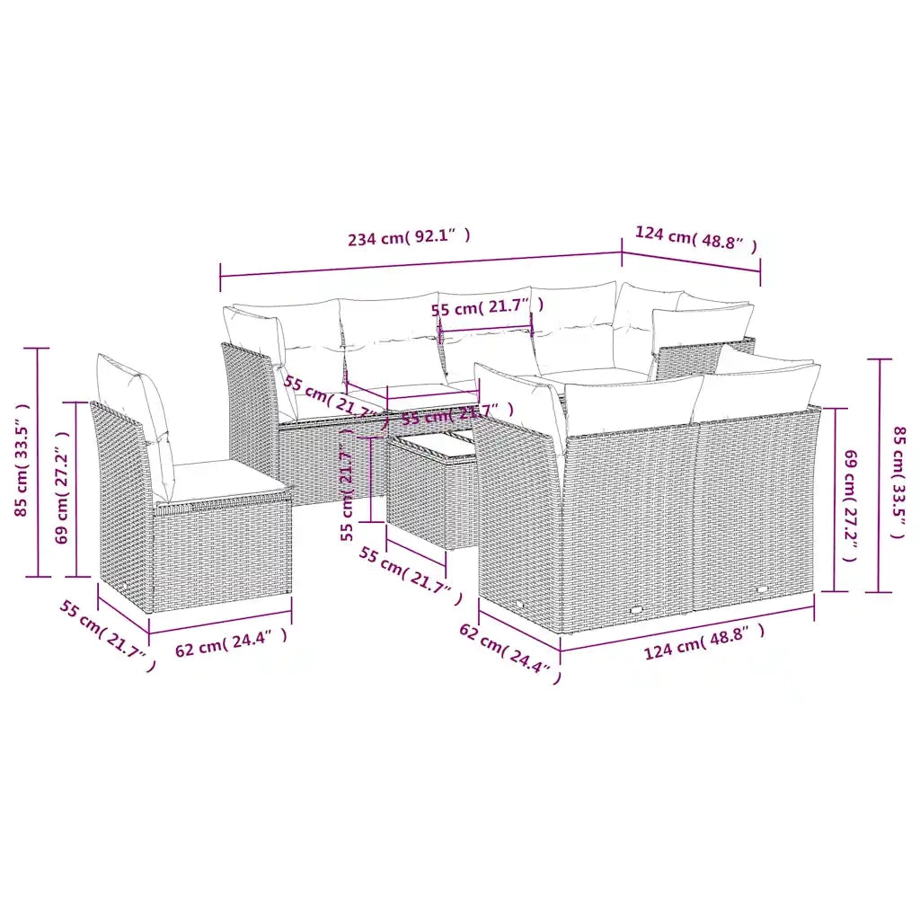 Set Divani da Giardino 9pz con Cuscini Marrone in Polyrattan