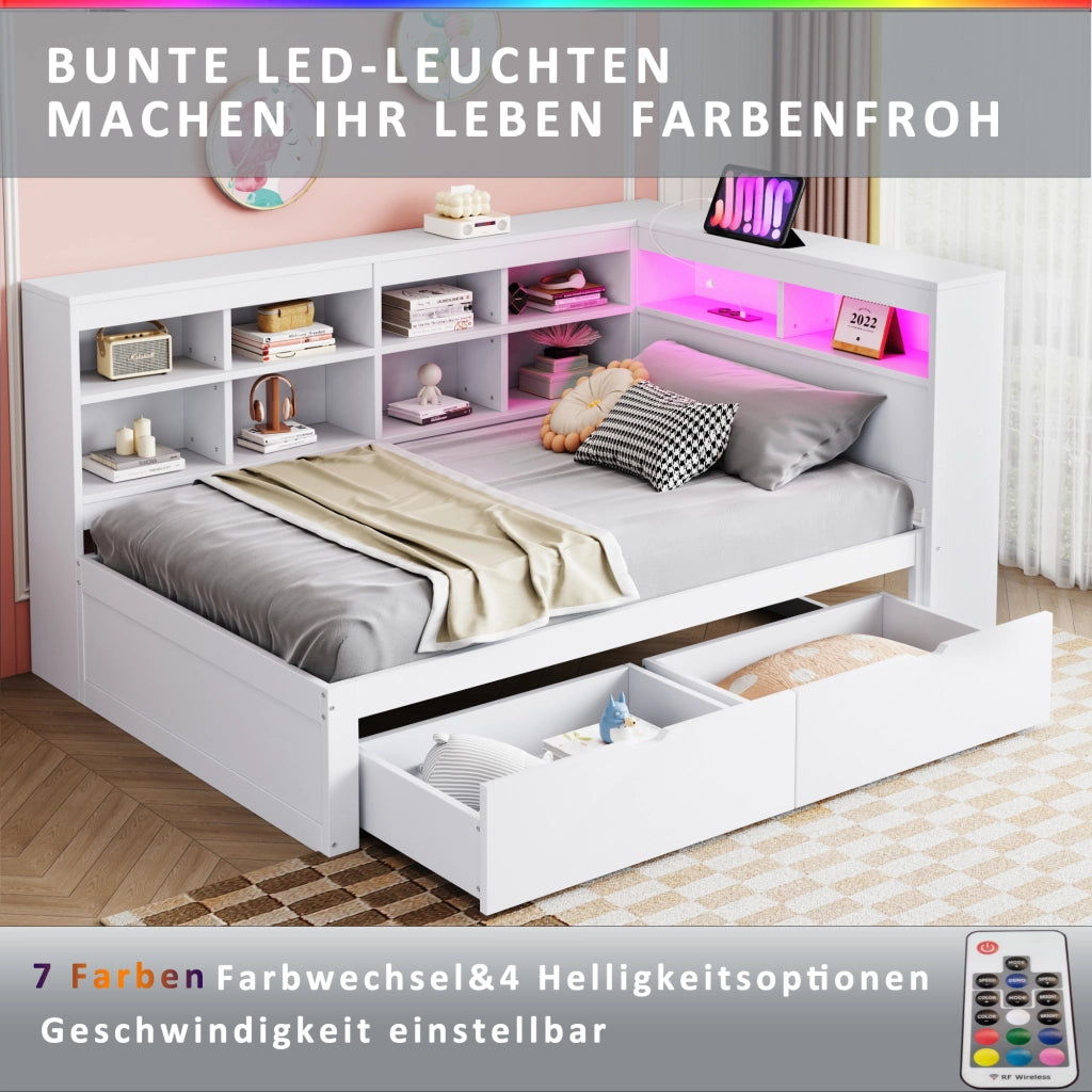 LETTO divano 90x200 cm con cassetti USB LED in legno bianco