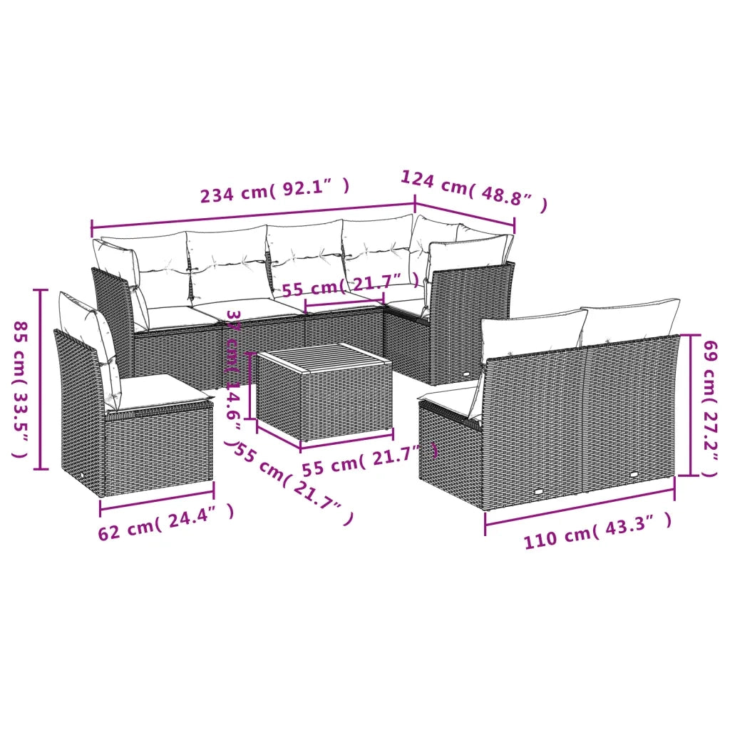 Set Divani da Giardino 9 pz con Cuscini Nero in Polyrattan