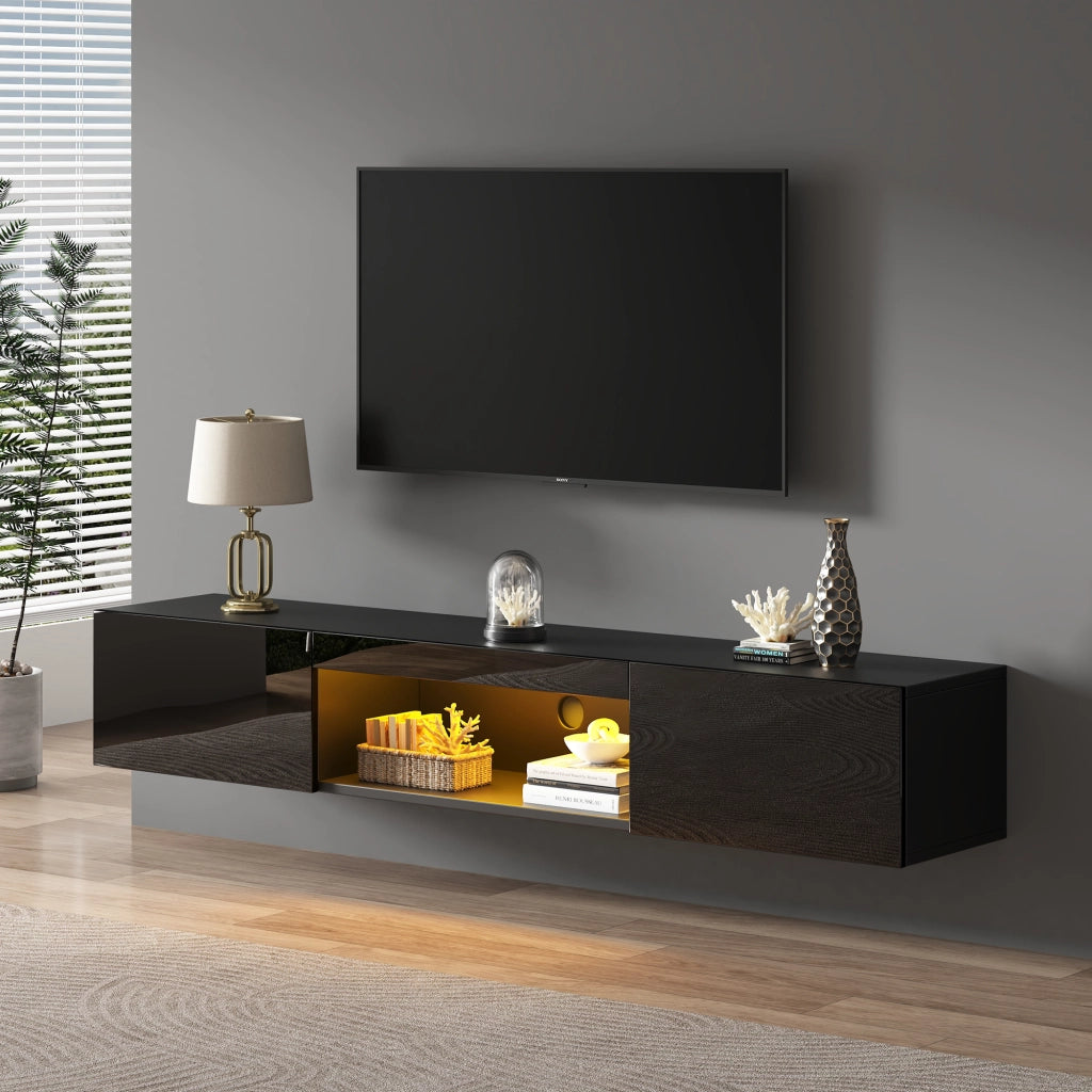 Mobile TV sospeso con 2 ante; vani aperti e LED - per soggiorno - 160x31x22 cm - nero