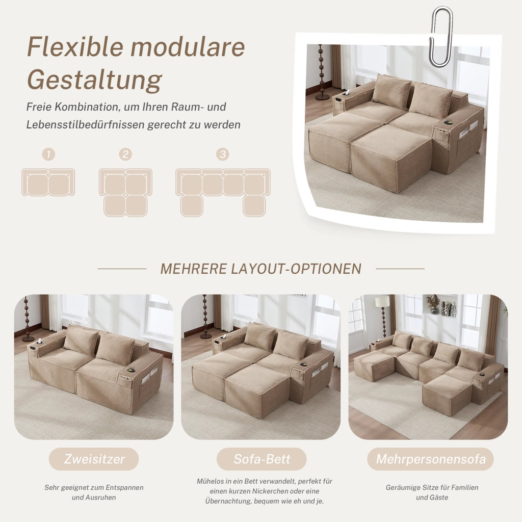 Divano modulare 2 posti in tessuto a coste con portabicchieri e tasche laterali comode khaki 188 × 162 × 75 cm