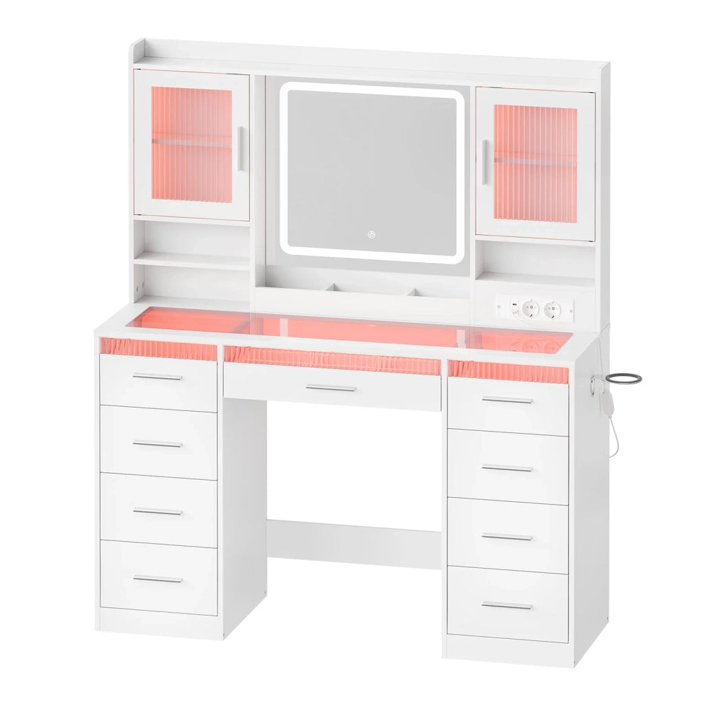 Toeletta con 9 cassetti; 2 armadi; luce LED e prese USB per camera da letto