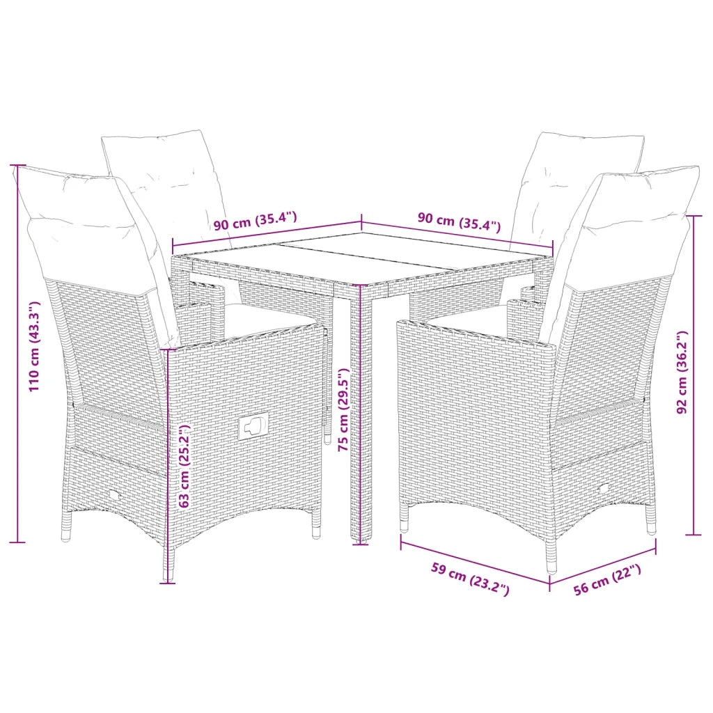 Set da Pranzo da Giardino 5 pz Nero con Cuscini in Polyrattan