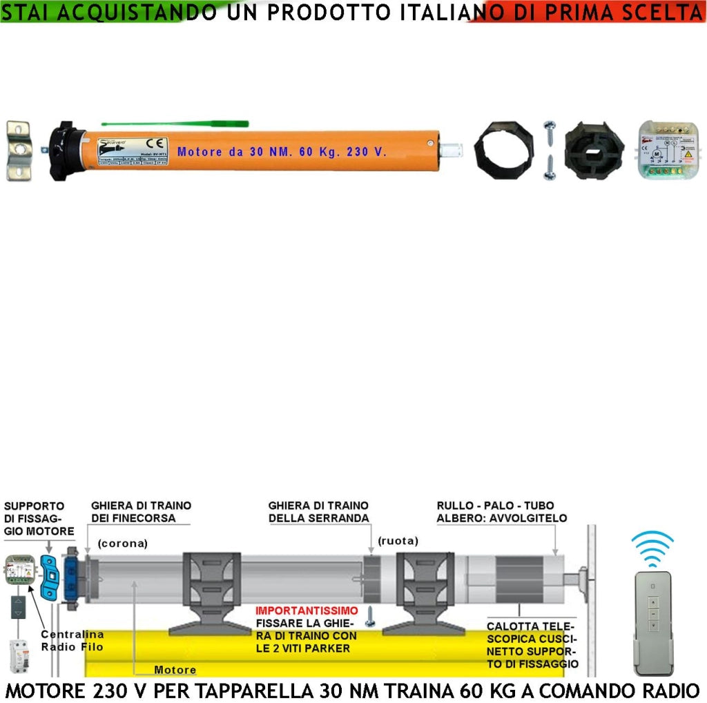 Tapparella Avvolgibile 60 KG Elettrica Motore 230 V 170 W 30 Nm Centrale Comando Radio Sistema Blocco Sollevamento Telo Fine Corsa Regolabili Per Tubo Ottagonale Diametro 60 mm Protezione Termica 135°