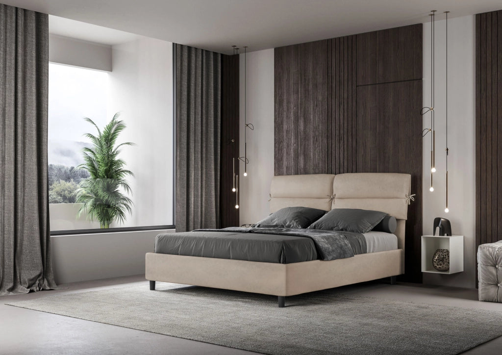 BS COM Letto matrimoniale con rete imbottito 160x210 microfibra sabbia