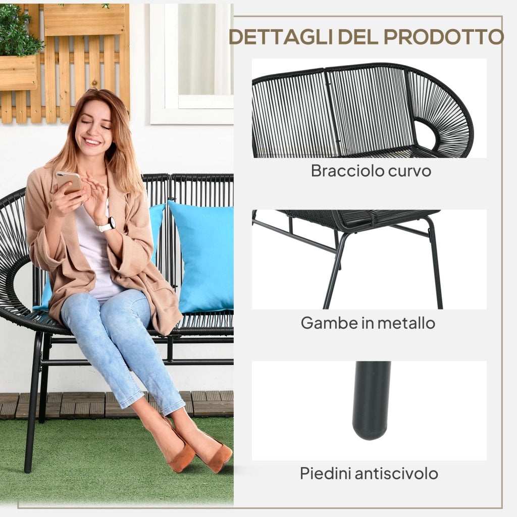 Divano da Giardino 2 Posti in Rattan PE e Acciaio con Cuscini e Braccioli, 132x72x83 cm, Nero