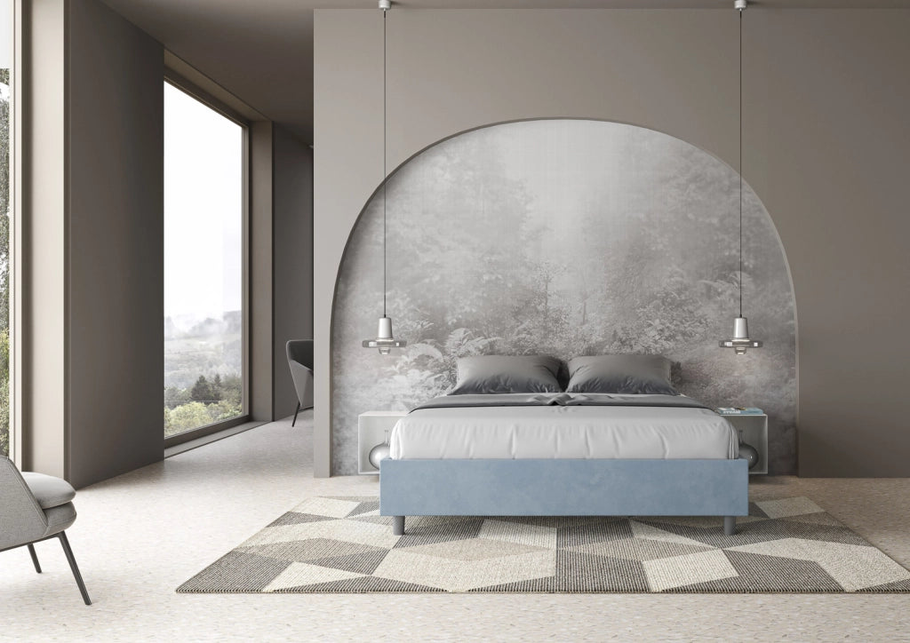 BS COM Letto matrimoniale francese con rete imbottito 140x200 microfibra azzurro