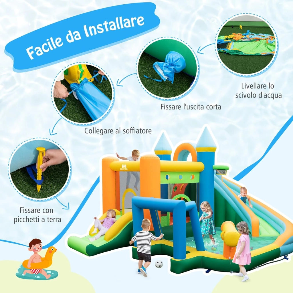Castello Gonfiabile per Bambini, Casa Gonfiabile con Doppio Scivolo, Parete da Arrampicata, Piscina, con Borsa di Trasporto e Kit di Riparazione, per 2 Bambini di 3-10 Anni