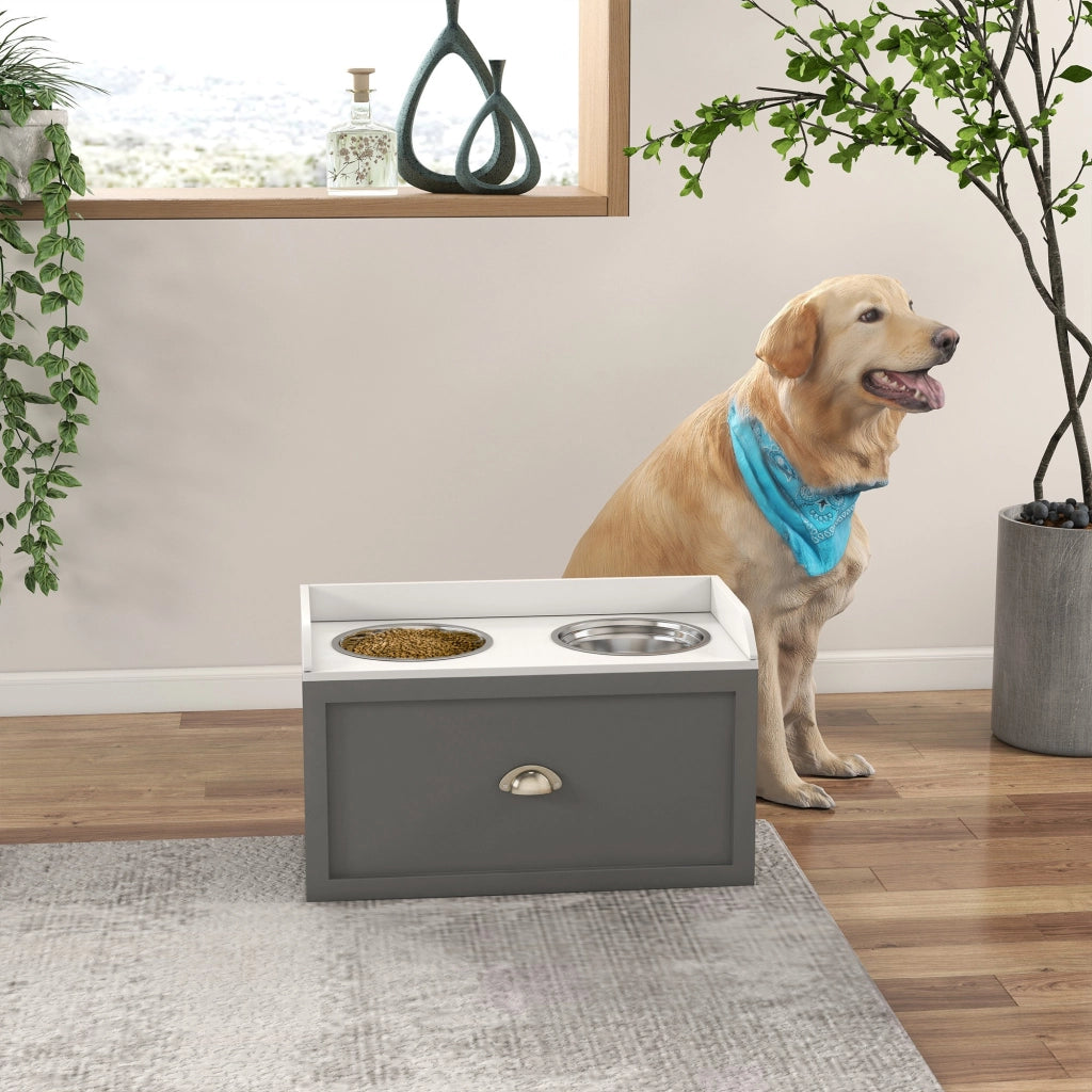 Tavolo per cani con ciotole e cassetto ¨C Minimal ¨C 63x30x36 cm grigio bianco