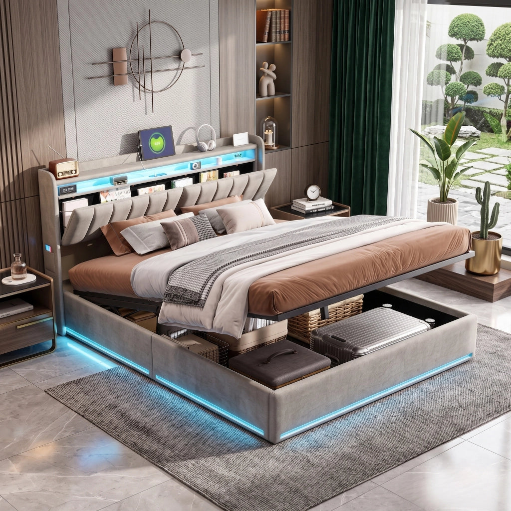 Letto matrimoniale 160x200 con contenitore;letto matrimoniale contenitore con testiera LED;struttura letto matrimoniale imbottita in velluto grigio