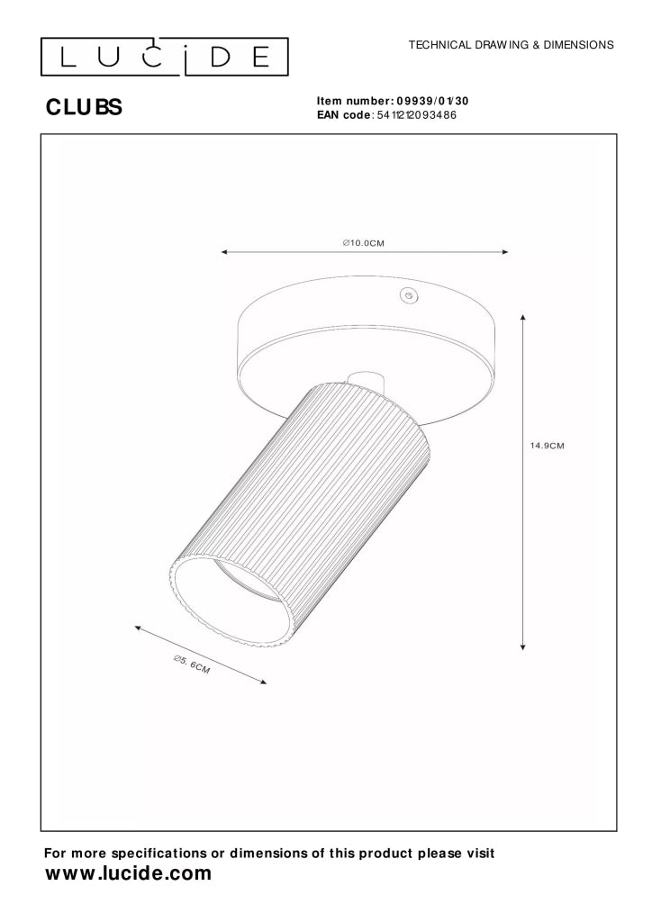 Faretto soffitto nero alluminio CLUBS GU10 40W Lucide