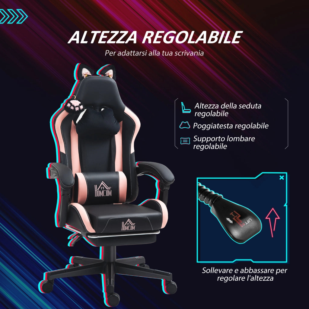 Sedia Gaming Reclinabile con Poggiapiedi ¨C Xylo ¨C Finta Pelle Rosa e Nero 65x62x116-124 cm