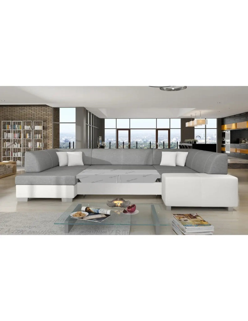 Divano panoramico a U Grigio & Bianco convertibile 6 posti HAVANA con molle ondulate