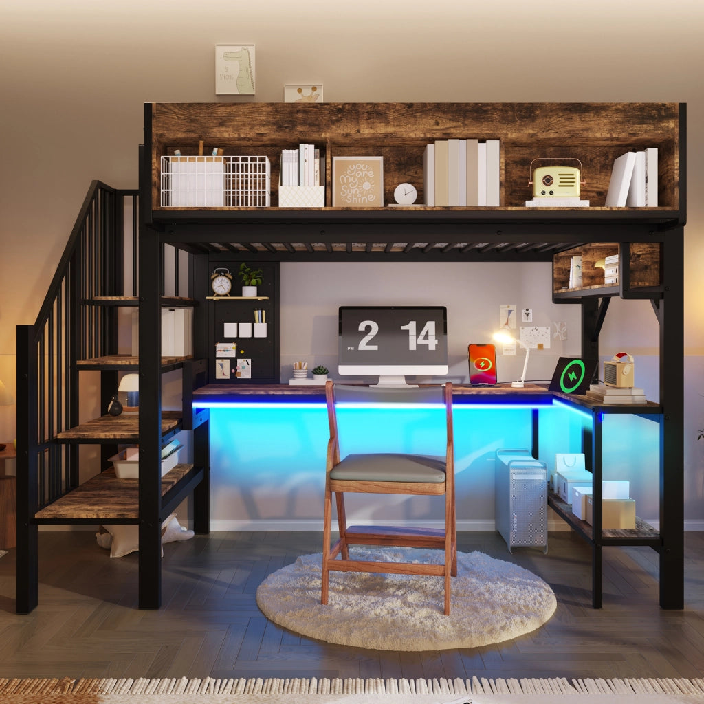 Letto a Soppalco con Scrivania e LED ¨C MINIMAL ¨C 90x200, Legno, Nero, Presa USB