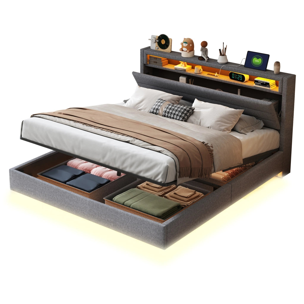 Letto imbottito matrimoniale 160x200 cm con contenitore idraulico, USB e LED, grigio