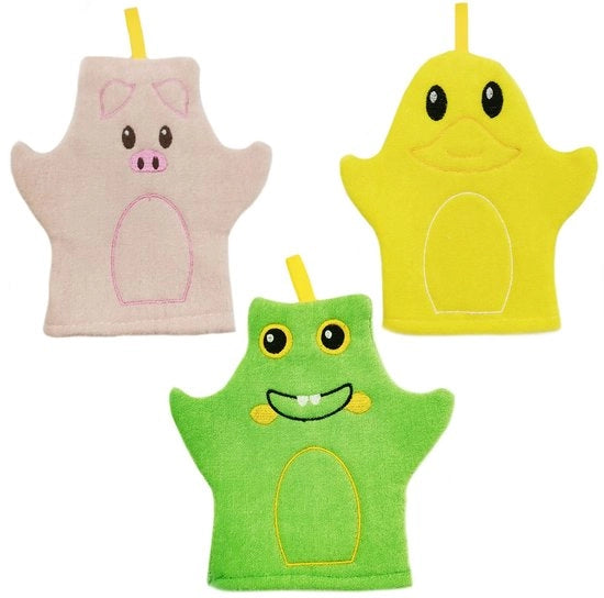 Manopole per bambini 3 pezzi - Materiale morbido e idrorepellente - Ideali per bambini e piccoli - Dimensioni 19x19 cm - Fatto di tessuto asciugamano - Prevenzione cadute - Manopole per lavaggio