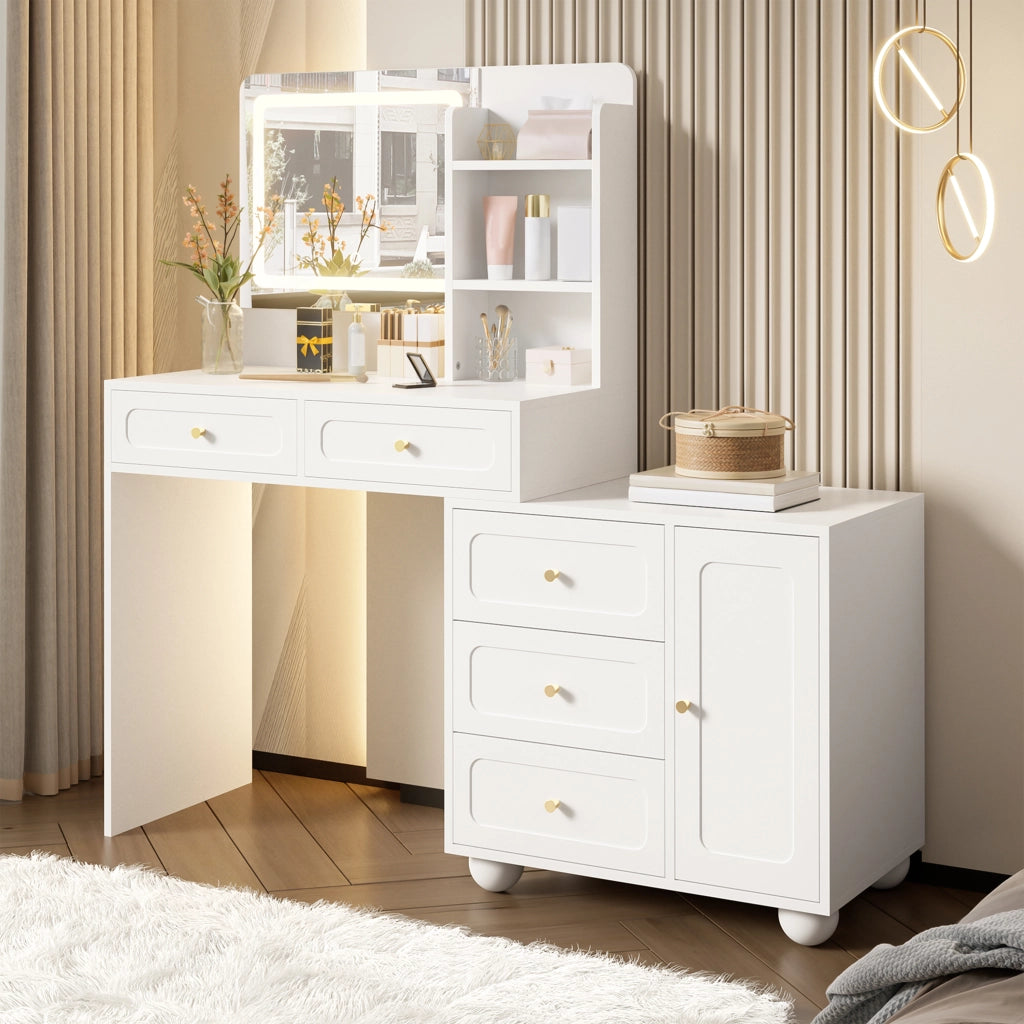 TOELETTA con specchio LED, 80x39,8x127 cm, bianca, con 5 cassetti