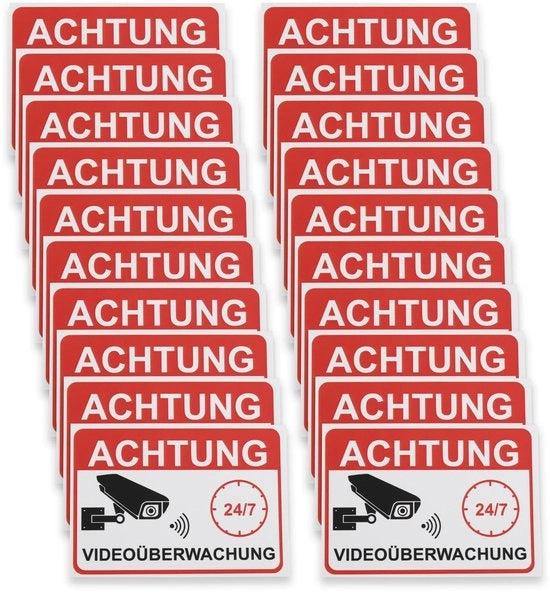 Etichetta di avviso 20 pezzi - Videovigilanza - PVC - 7,4 x 5,2 cm - Imprigionata all'acqua - Resistente - Design rosso/nero - Etichetta di sicurezza