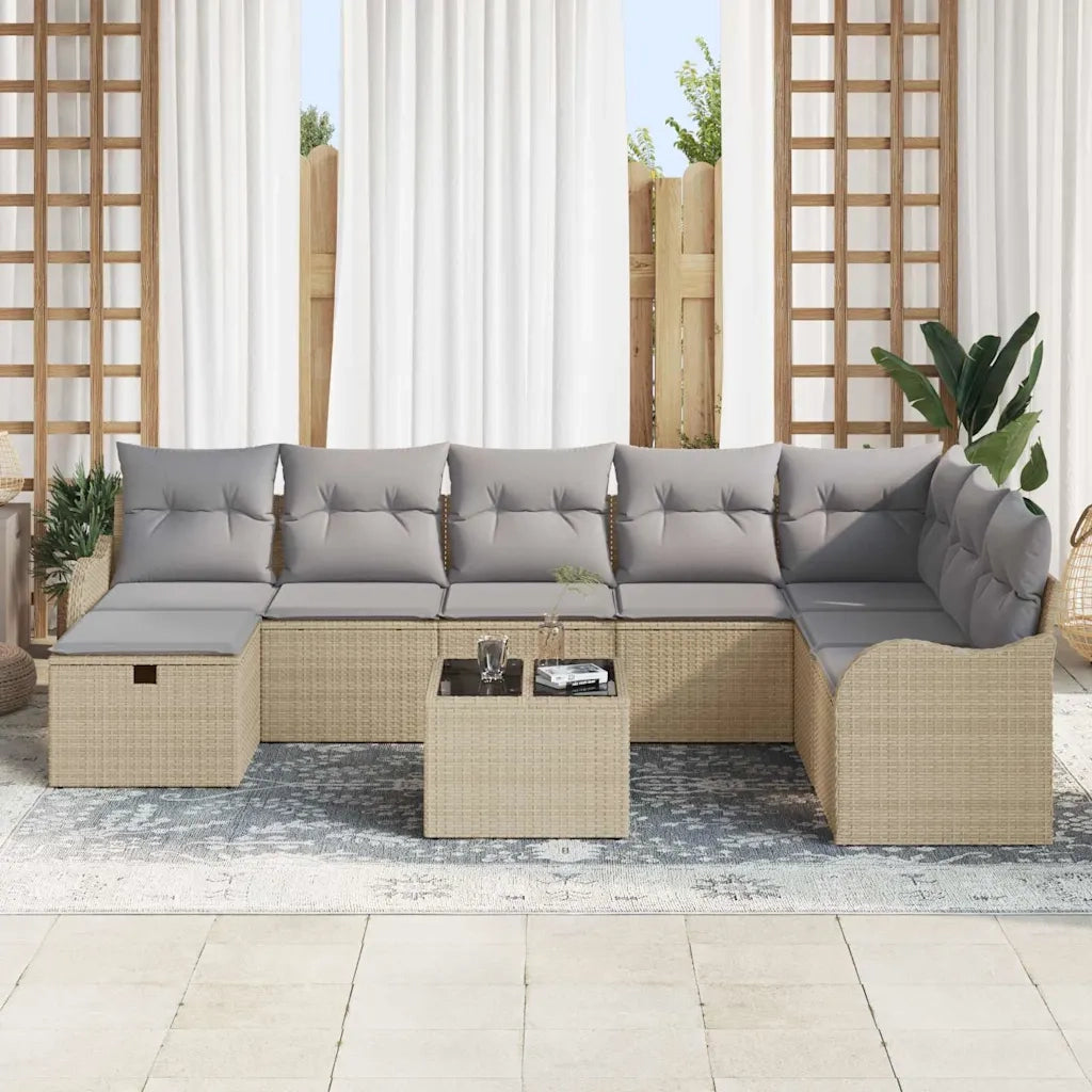 Set Divano da Giardino con cuscino 9 pcs Beige Poly Rattan
