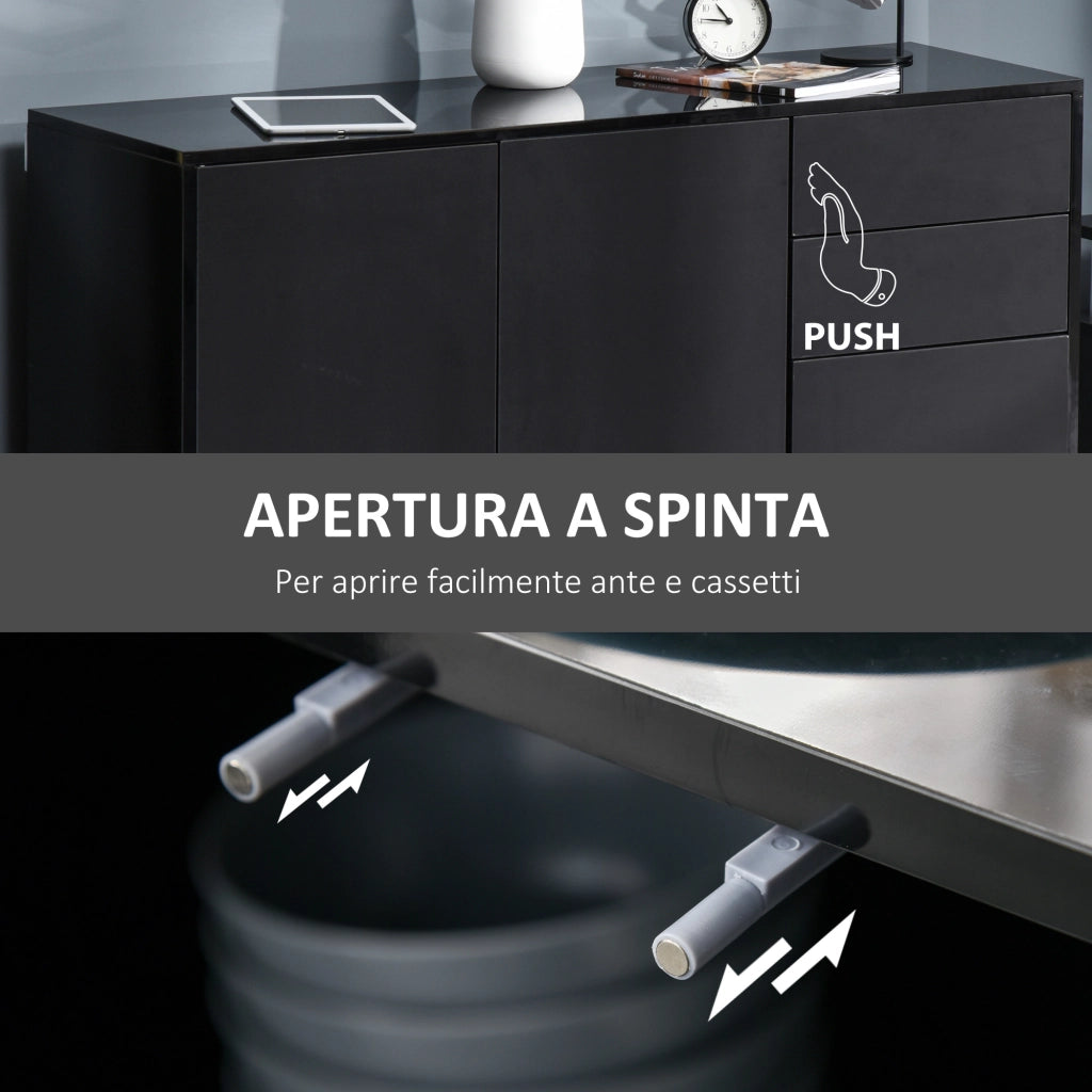 Mobiletto Multiuso Nero con 2 Cassetti e 2 Armadietti ad Apertura a Pressione, 117x36x74cm