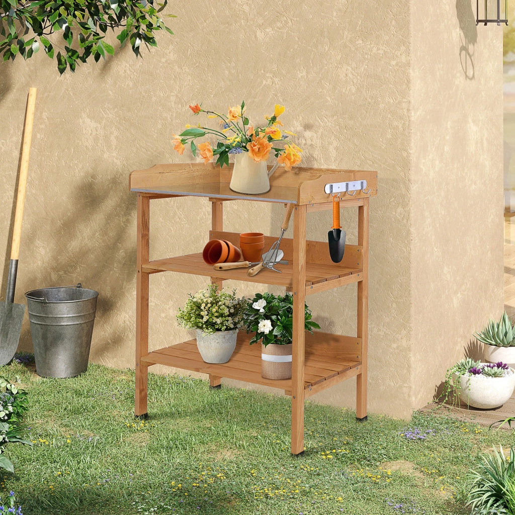 Tavolo da giardinaggio con ripiani e ganci ¨C Minimal ¨C Legno abete olio pretrattato, piano in acciaio zincato 80x40x80 cm