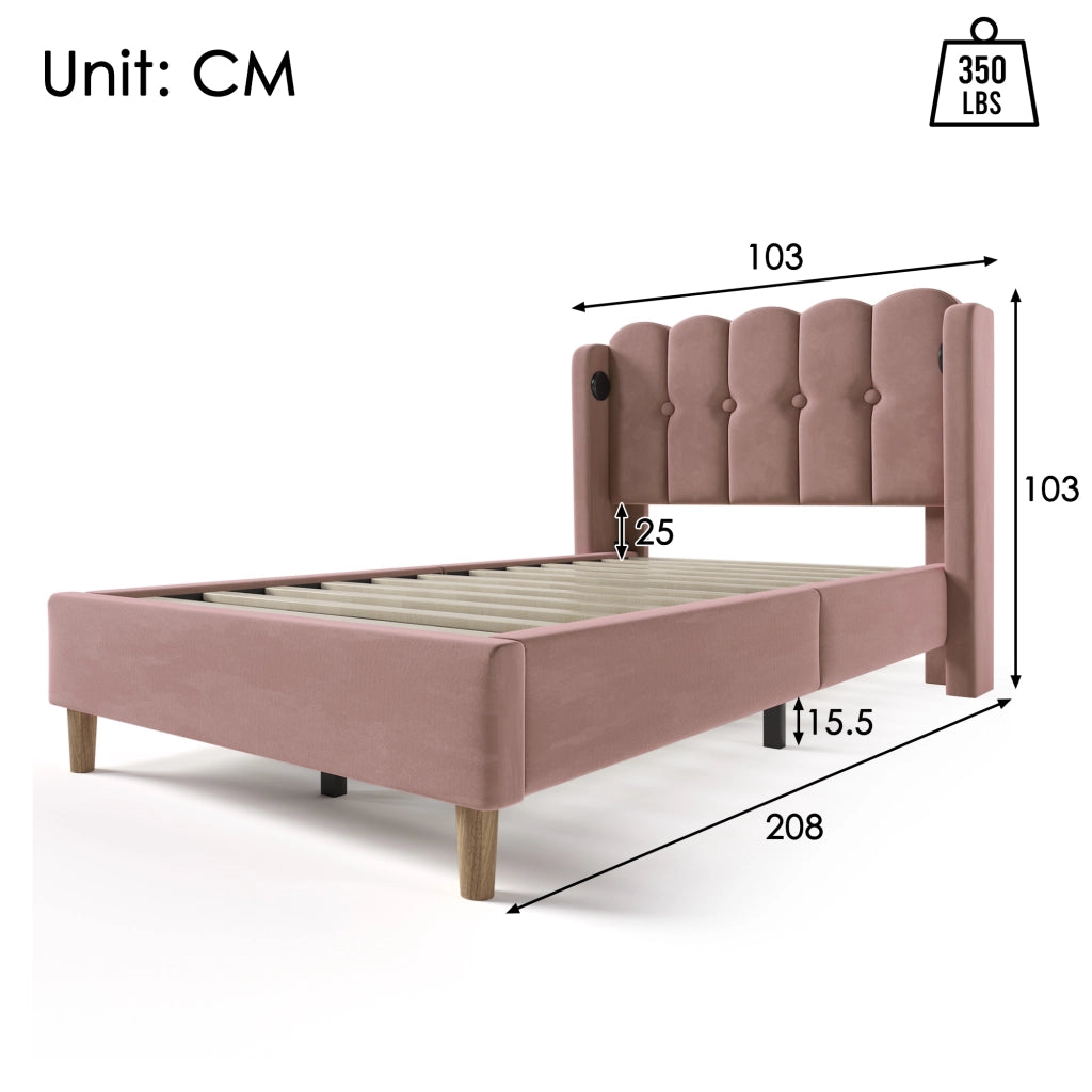 LETTO imbottito 90x200 cm in velluto rosa con porta USB Tipo C