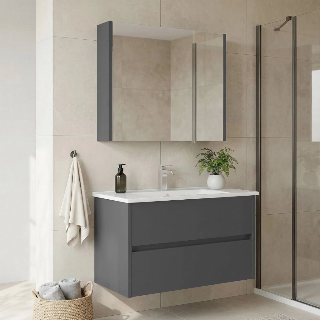 Set mobile lavabo con specchio (2 pezzi) "Arno 85" - 85 x 45 x 52 cm - Grigio