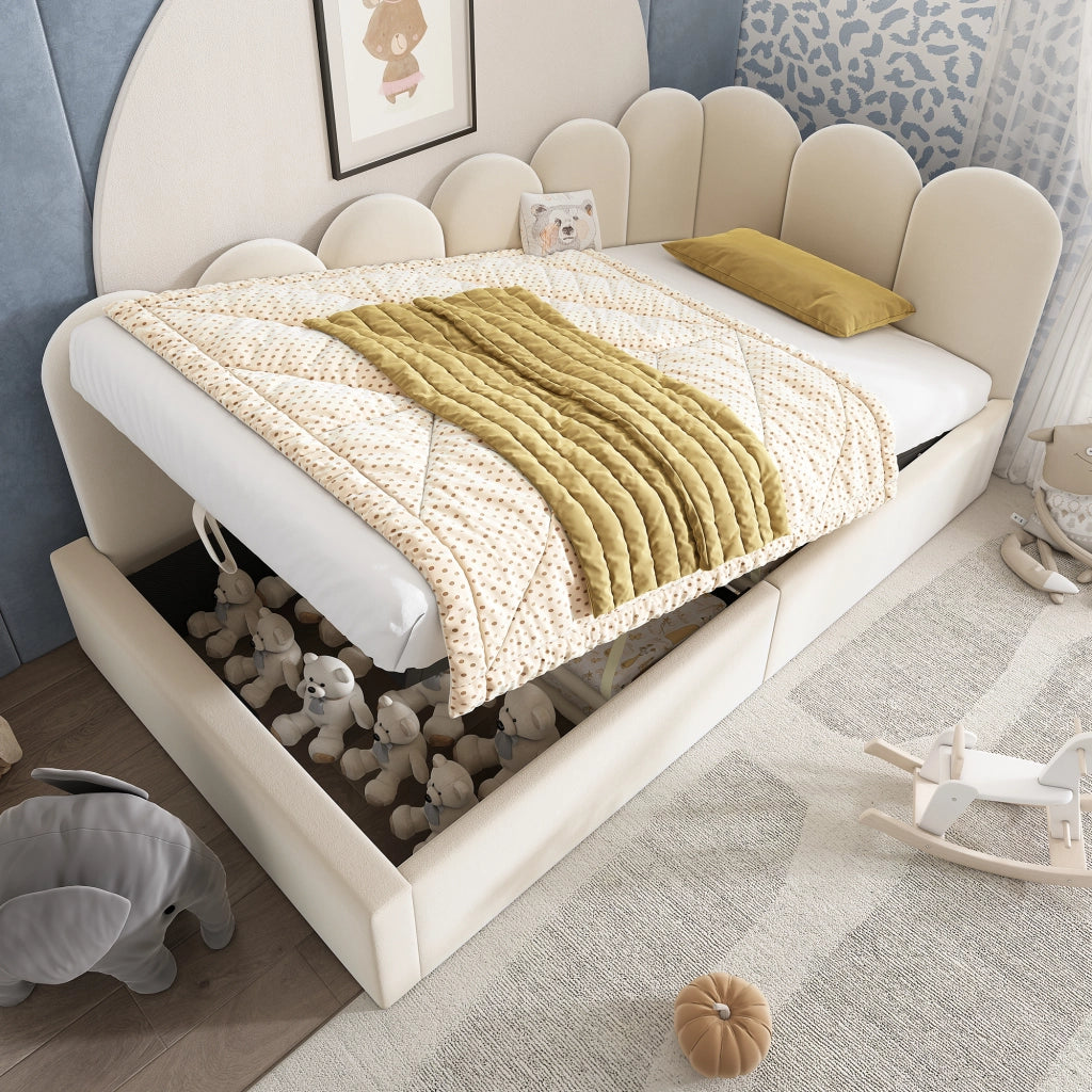 LETTO Contenitore 90x200 cm Velluto Beige con rete a sollevamento idraulica