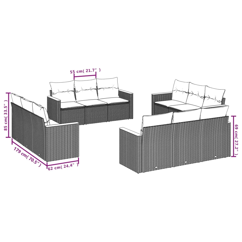 Set Divani da Giardino 12 pz con Cuscini Nero in Polyrattan 3225832