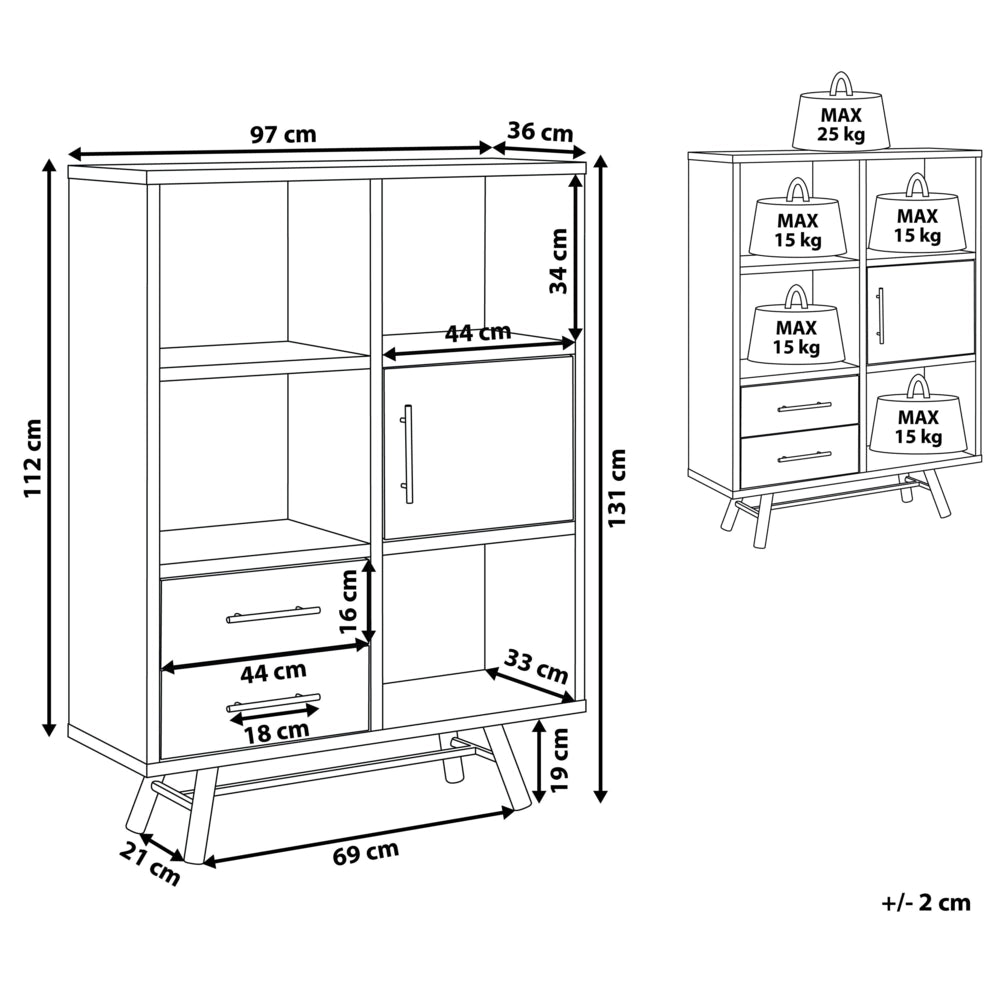 Libreria in Legno Chiaro con Gambe Nere 131 cm 2 Cassetti 1 Mobiletto 4 Ripiani Rustico