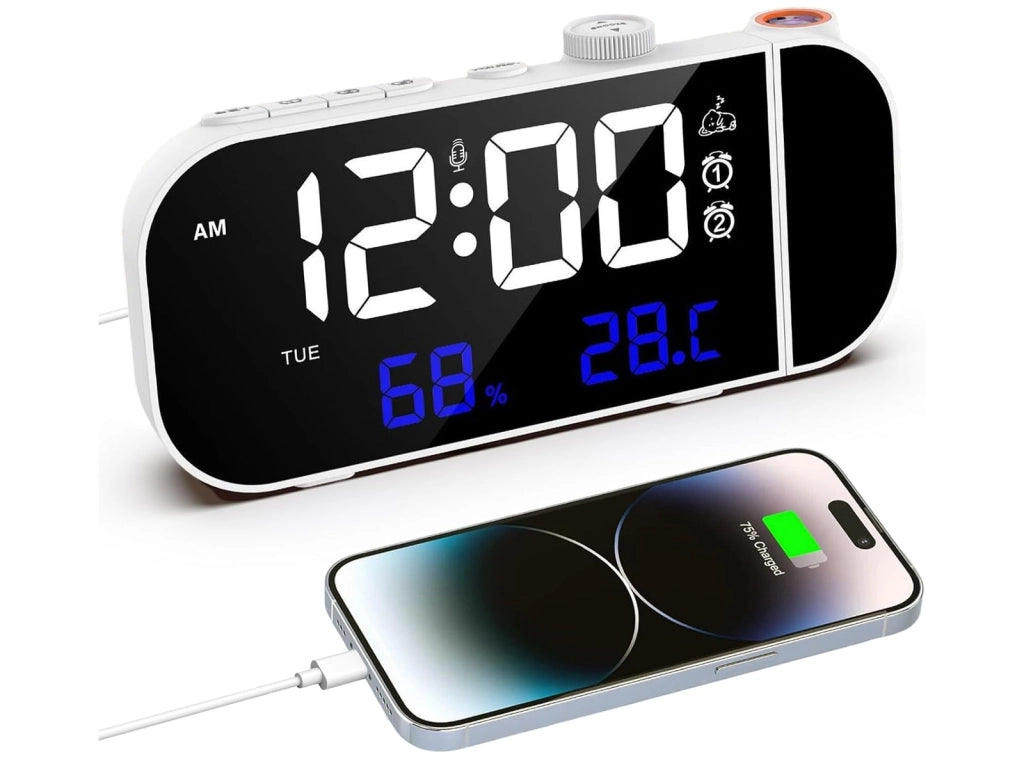 Sveglia Digitale con Proiettore Schermo Numeri Grandi Doppia Snooze Temperatura Umidità Luminosità Regolazione Volume Porta USB C Bianca