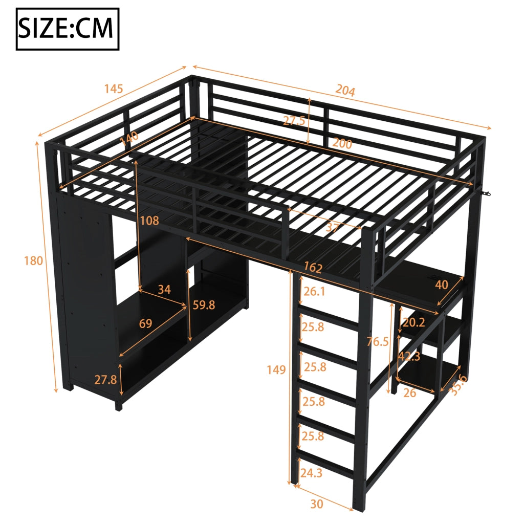 Letto a soppalco gaming 140x200 - Zephmum - LED, scrivania, armadio