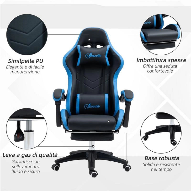 SEDIA DA GAMING CON ALTEZZA REGOLABILE E SCHIENALE RECLINABILE BLU E NERO