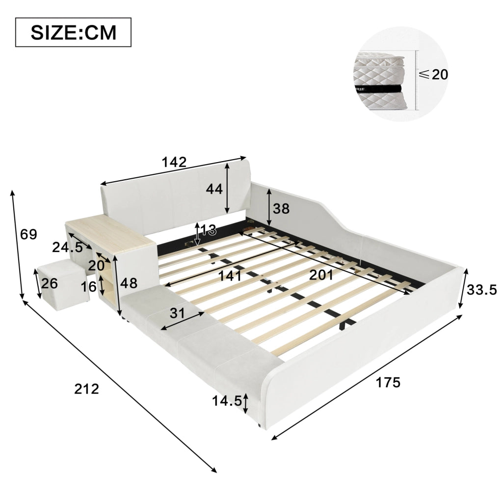 Letto imbottito per bambini con scrivania, sgabello e ripiano 140x200 cm bianco