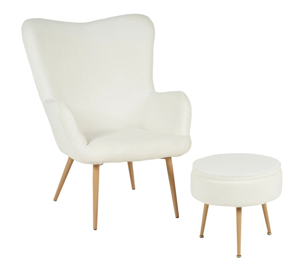 Poltrona Imbottita Ergonomica Con Schienale E Braccioli Con Poggiapiedi Contenitore Camera Da Letto Salotto Moderna Pouf Sedia Effetto Teddy Morbida - Bianco