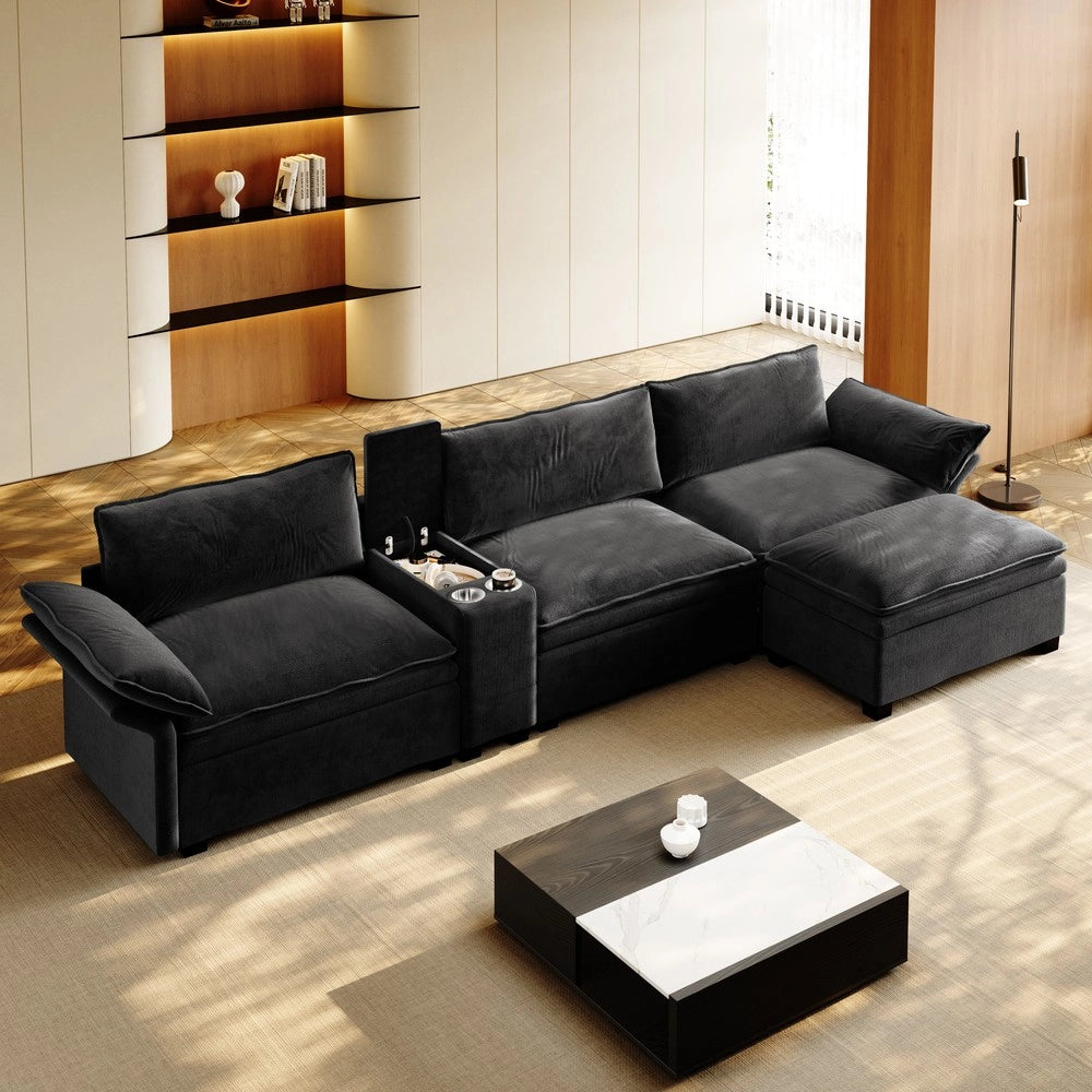 Divano Angolare Modulare con Contenitore, Portabicchieri e Luce ¨C Xylo ¨C Chenille Nero 315cm