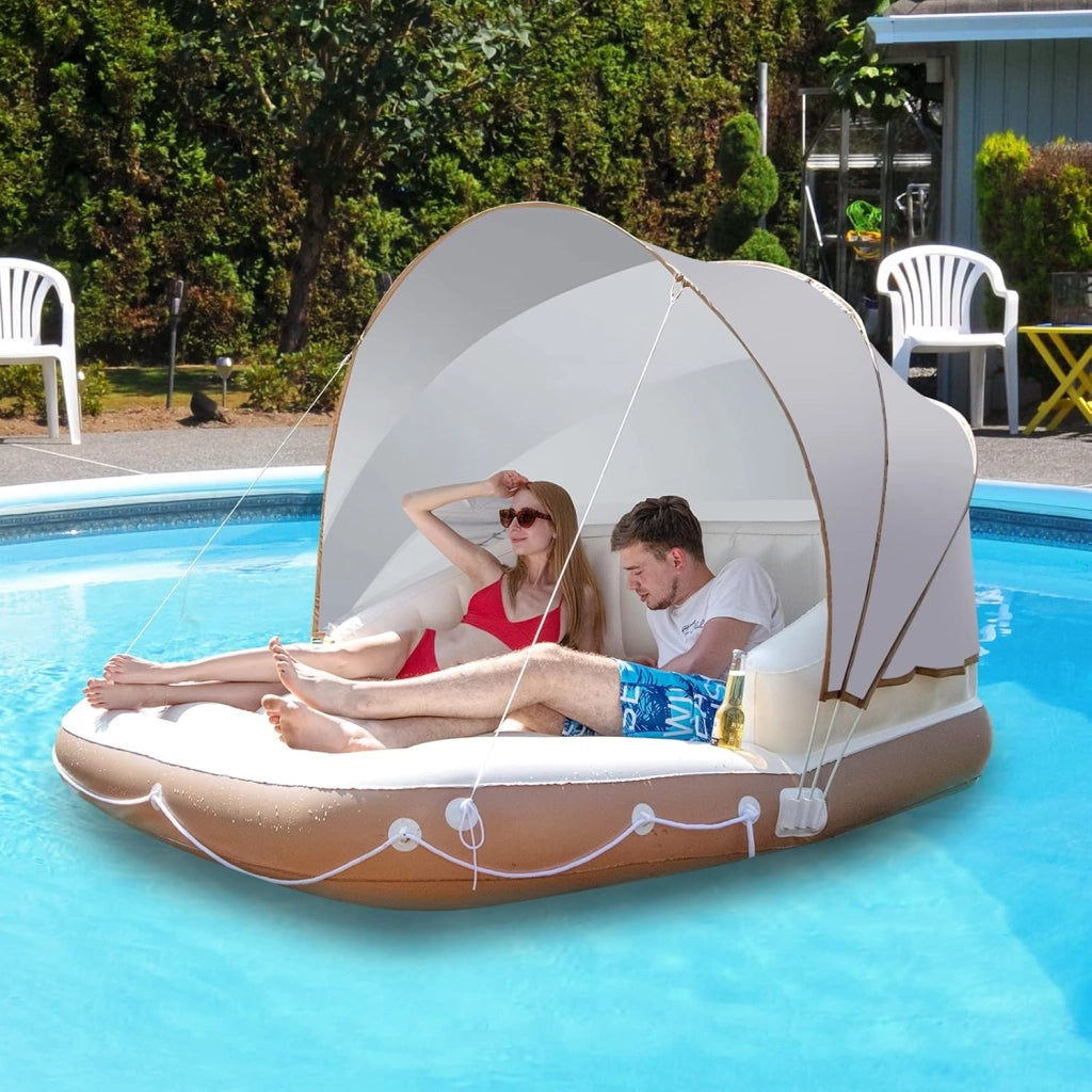 Lounge Gonfiabile, 180 x 180 x 160 cm, Isola Gallegiante, Amaca ad Acqua con Parasole, Materasso da Nuoto con Baldacchino Rimovibile, Materasso ad Aria per Interni ed Esterni